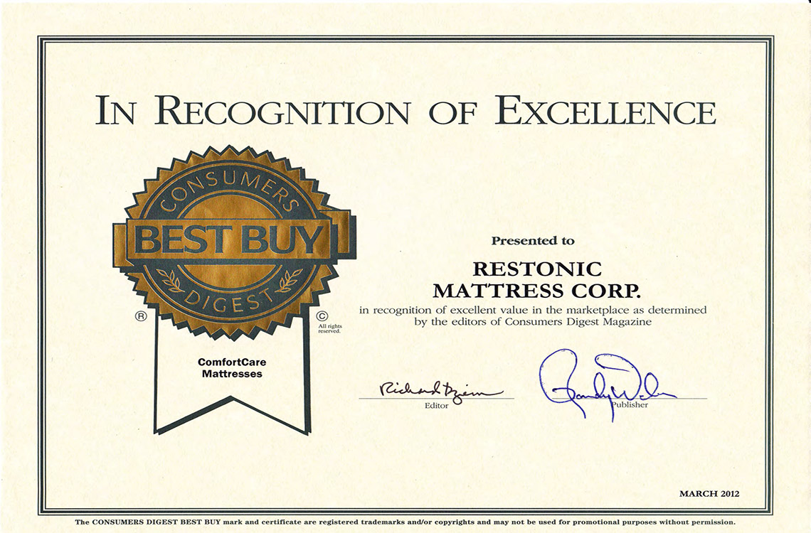 Comfort Care Westfield Double Sided Mattress By Restonic Consumers Digest Award Mattress Restonic Comfort Care